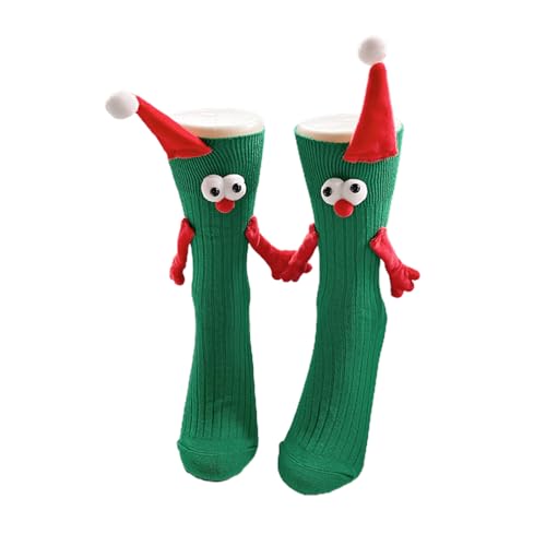 MAINESAKA Magnetic Holding Hands Socks For Kids Boy Girl Funny Novelty Socks 3D Doll Big Eyes Friendship Mid-Tube Socks 1-12T (X-Christmas Green, One Size)