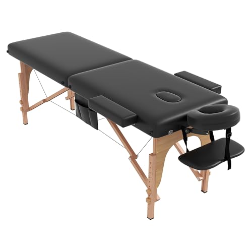 civama Massage Table Massage Bed Portable, 29 LBs Light Weight 2 Section Foldable Tattoo Bed Facial Care Spa Lash Bed Height Adjustable Sturdy Wooden Frame with Accessories Carrying Bag, Black