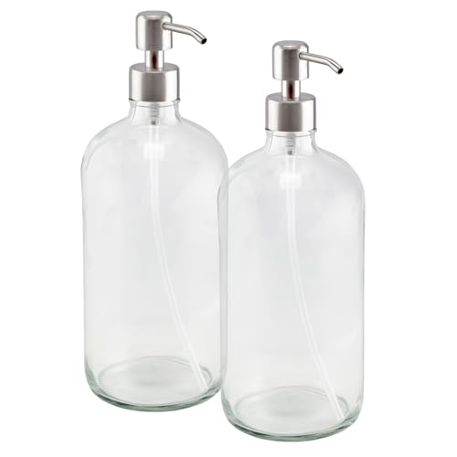 Cornucopia 32oz Glass Pump Bottles with Stainless Steel Pump (2-Pack, Clear); Economy Size Soap Dispenser for Massage Oils, Lotions, Liquid Soaps