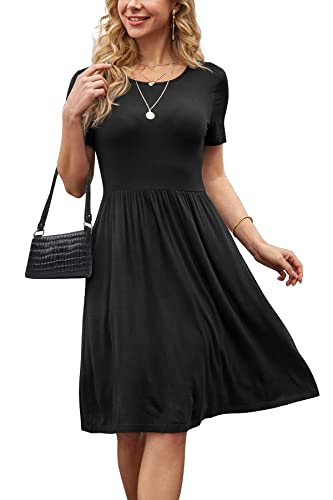 DB MOON Women Summer Casual Short Sleeve Dresses Empire Waist Dress with Pockets (Black, L)