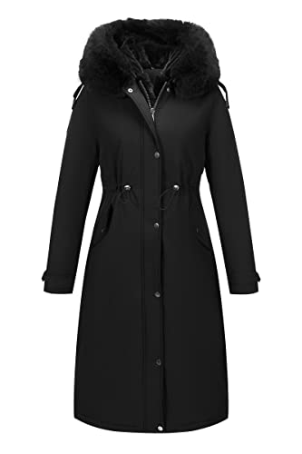 RISISSIDA Long Puffer Coat Women Winter Quilted Parka Fur Lined Down Jacket,Thermal Warm Bubble Heavy Overcoat Black 7614 L