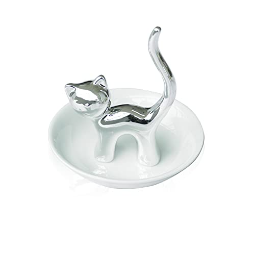 Lependor Cute Animals Cat Ring Holder Ring Dish Jewelry Holder Rings Bracelets Earrings Trinket Tray for Women Girls Birthday Gift - Silver Cat