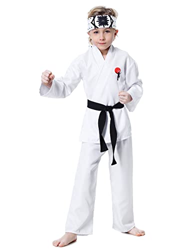 Treyrea 4Pcs Karate Gi with Belt Cobra Costume Uniform With Headband Pretend Play Halloween Party Cosplay Outfit for Kids (S(4T-5T), White)