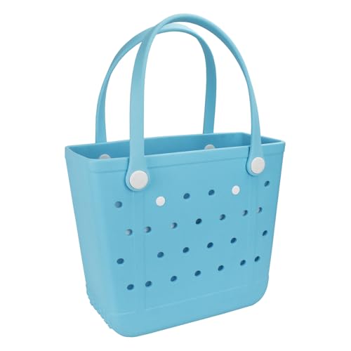 angilifan Medium Rubber Waterproof Beach Tote Bag, Washable Anti-tip Durable Beach Storage Basket Hole Opening Tote Bag (Medium Aqua Blue)