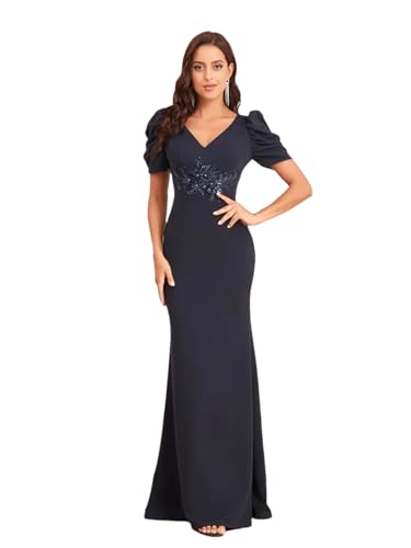 Plus Size Short Sleeve Applique Evening Dress for Floor-Length Wedding Party Prom Cocktail Gown Navy Blue S