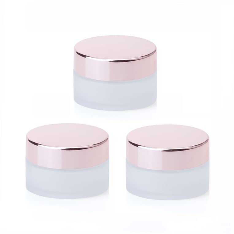 Clear Frosted Round Glass Jar With Rose Gold Lid, Empty Small Sample Travel Size Cosmetic Containers Pot For Eye gel Face Cream Makeup Beauty Products Oil Salve Ointment DIY Slime (15g / 0.5 oz, 3