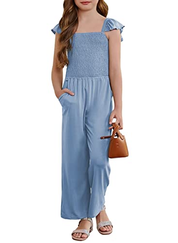 DOKOTOO KIDS Summer Romper for Girls Casual Ruffle Sleeveless Wide Leg Jumpsuit with Side Pockets Sky Blue 6-7 Year