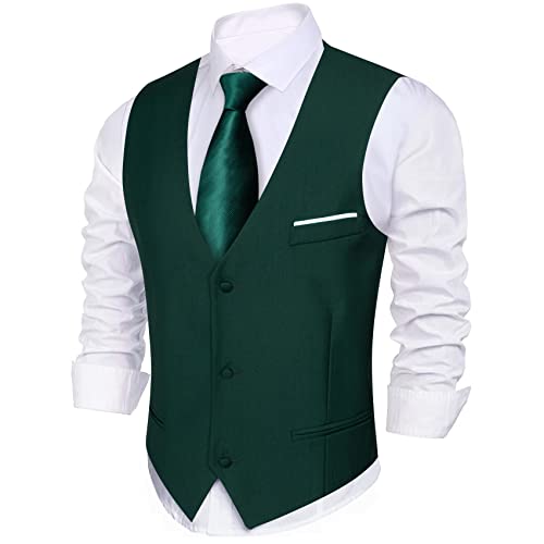 Barry.Wang Men's V-Neck Suit Vests Dark Green Fashion Formal Slim Fit Business Dress Vest Waistcoat