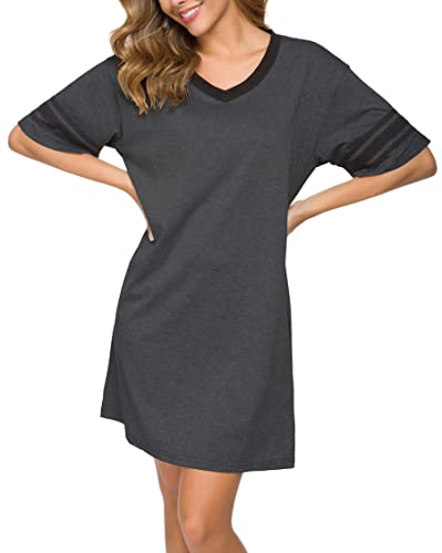 Vslarh Women's Nightgown Short Sleeve Sleep Shirt V Neck Nightshirts Cotton Loose Comfy Pajamas Dress Casual Sleepwear(Dark Gary,X-Large)