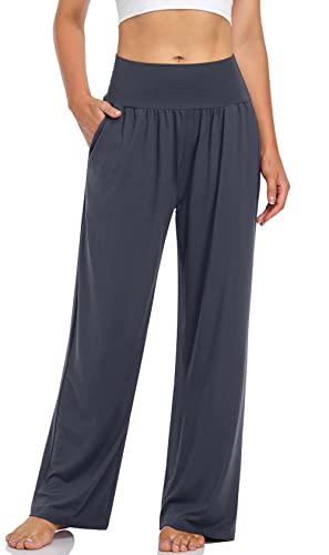 UEU Women's High Waist Cozy Yoga Pants Flowy Casual Loose Fit Sweatpants Comfy Lounge Wide Leg Athletic Sweat Pants with Pockets(Darkgray,M)