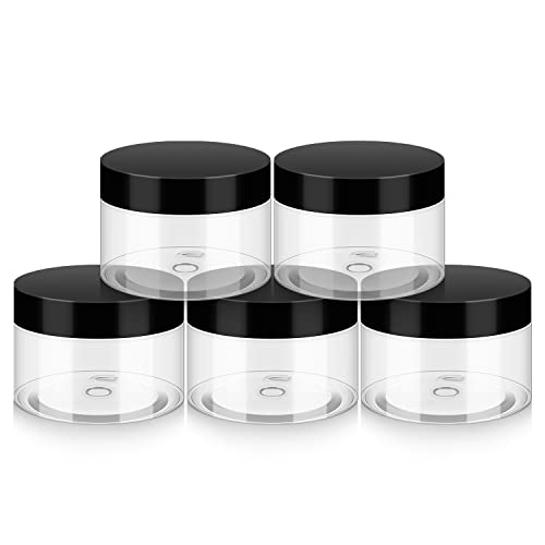 Household 4oz Plastic Jars with Lids, 5 Pack BPA Free, Reusable, Refillable Transparent Cosmetic Containers for Bath Salts, Cosmetics, Powders, Beauty Product and Small Accessories