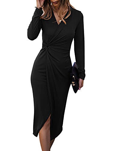 SHIBEVER Long Sleeve Dress for Women Fall Formal Midi 2023 Dresses Wedding Guest Cocktail Maxi Bodycon Sweater Wrap Dress Black S