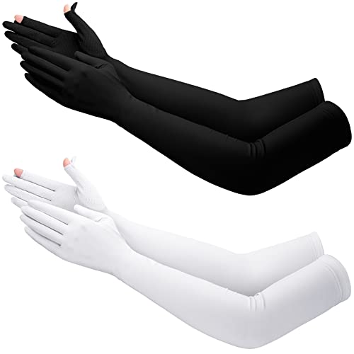 Jecery 2 Pairs UV Long Sun Gloves Women's Sunblock Driving Gloves Non Slip Full Finger Arm Sun Protective for Outdoor Sports (Black, White)