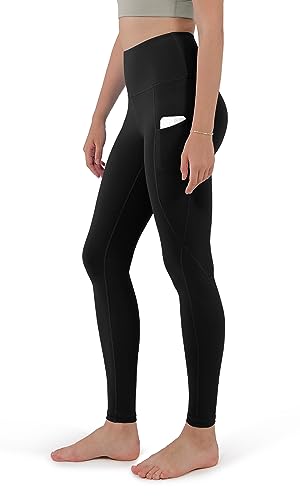 ODODOS Women's High Waisted Full Length Yoga Leggings with Pockets, 28' Inseam Tummy Control Non See Through Workout Athletic Running Yoga Pants, Black, Medium