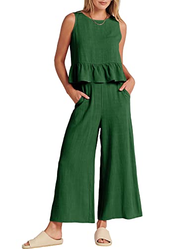 ANRABESS Women Summer 2 Piece Outfits Sleeveless Tank Crop Top Wide Leg Pants Linen Jumpsuits Lounge Matching Beach Sets 817caolv-XL