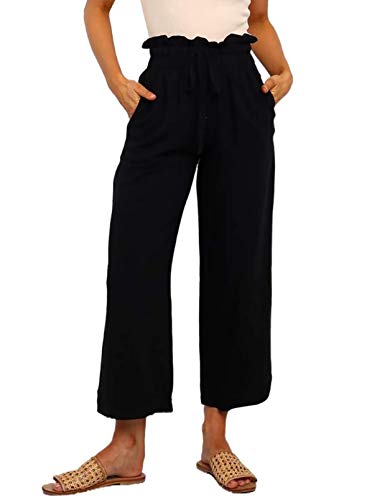 Dokotoo Womens Linen Blend Straight Wide Leg Casual Loose Baggy Drawstring Tie Elastic High Waisted Work Jogging Jogger Pants for Women with Pockets Black Large