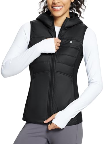 BALEAF Women's Puffer Vest Lightweight Hooded Slim Fit Running FLeece Lined Hybrid Sleeveless Warm up Winter Black M