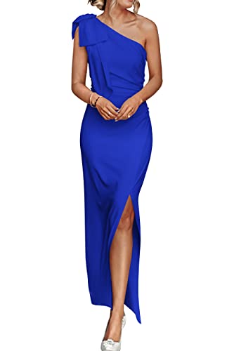 PRETTYGARDEN Women's Summer One Shoulder Long Formal Dresses Sleeveless Ruched Bodycon Wedding Guest Slit Maxi Dress (Royal Blue,Large)