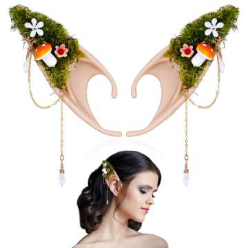 FRESHME Mushroom Fairy Elf Ears - Handmade Soft Forest Elf Ear Cuffs with Moss Flower and Mushroom Non Pierced Woodland Crystal Ear Clips Women Renaissance Carnival Cosplay Party Costume Accessories