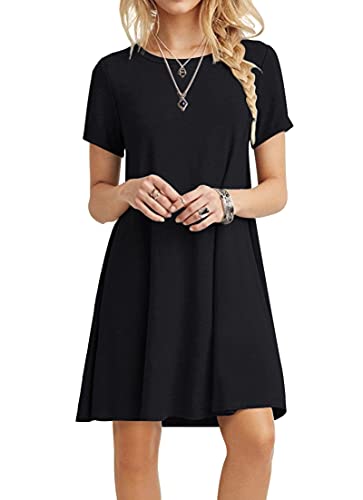 POPYOUNG 2024 Women's Summer Short Sleeve Casual Dresses Crewneck Beach Cover up 2XL, Black