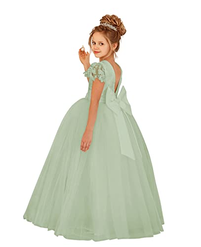 JISISANG Backless Bow Flower Girl Lace Dress for Wedding Aline Satin First Communion Dress Toddler Pageant Bridesmaid Ball Gown Sage Green 04