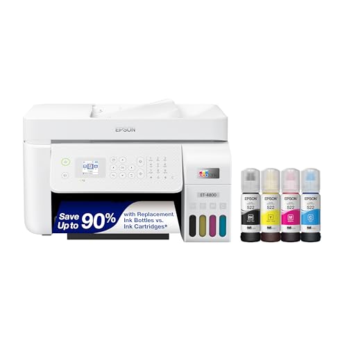 Epson EcoTank ET-4800 Wireless All-in-One Cartridge-Free Supertank Printer with Scanner, Copier, Fax, ADF and Ethernet – Ideal-for Your Home Office, White
