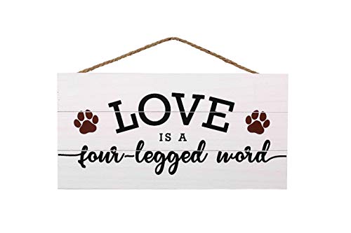 Dog Lover Love is a 4 Legged Word Wood Plank Hanging Sign for Home Decor (13.75 x 6.9 Inches with White Background)