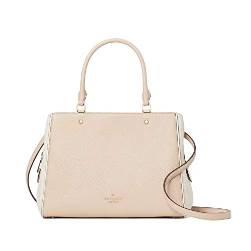 kate spade handbag purse Leila medium triple compartment satchel in leather, Light Sand