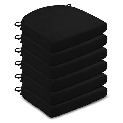 LOVTEX Chair Cushions for Dining Chairs 6 Pack - Memory Foam Chair Pads with Ties and Non-Slip Backing - Seat Cushion for Kitchen Chair 16'X16'X2', Black