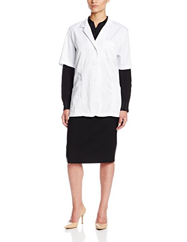 Worklon 105M Polyester/Cotton Ladies Short Sleeve Pharmacy Lab Coat with Button Front Closure, Medium, White