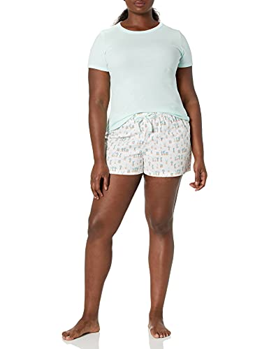 Amazon Essentials Women's Poplin Short and Sleep Tee Set, Mint Green White Cactus, Large