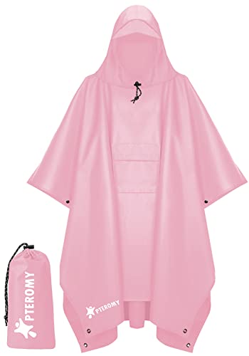 PTEROMY Hooded Rain Poncho for Adult with Pocket, Waterproof Lightweight Unisex Raincoat for Hiking Camping Emergency (Pink)