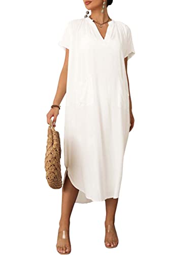 Bsubseach Women Kaftan Dresses Swimsuit Coverup Summer Beachwear Solid Cover Up with Pocket White