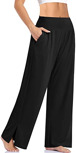 UEU Womens Wide Leg Yoga Pants High Waisted Joggers Casual Loose Plus Size Lounge Sweatpants with Pockets- 28' Inseam (Black, XXL)