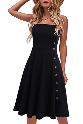 Liyinxi Sexy Strapless Spaghetti Straps Button Down Knee Length Backless Summer Vacation Rockabilly Swing Black Sundress (L, 8006-Black)