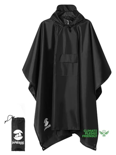 SaphiRose Hooded Rain Poncho Waterproof Raincoat Jacket for Men Women Adults(black)