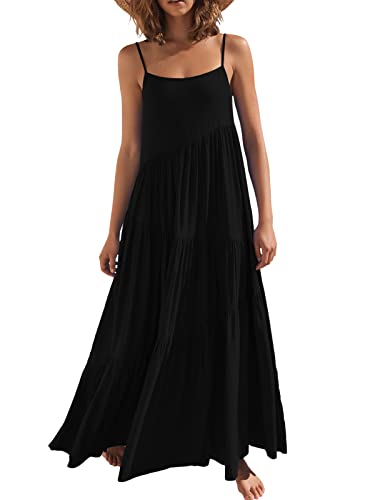 ANRABESS Women Summer Casual Loose Sleeveless Sundress Spaghetti Strap Asymmetric Tiered Flowy Linen Beach Maxi Cover Up Long Dress 2024 Ttrendy Vacation Outfits Black 523hei-L