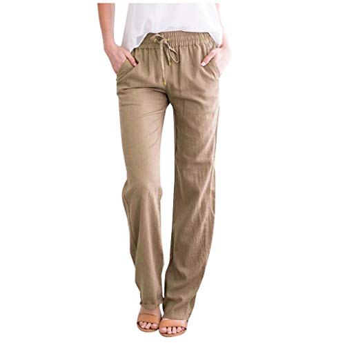 TARIENDY Prime Early Access Womens Summer Linen Pants Casual Straight Leg Drawstring Elastic High Waist Loose Palazzo Trousers with Pockets Amazon Outlets Store A-Khaki