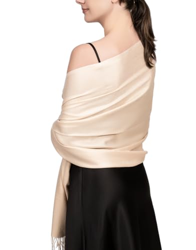 Achillea Large Soft Silky Pashmina Shawl Wrap Scarf in Solid Colors (Cream/Beige)