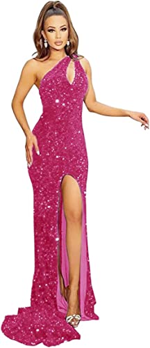 Loyeloy V Neck Prom Dresses for Women 2022 Sparkly Mermaid Pleat Glitter Sequin Maxi Dress with Slit Formal Evening Gowns Hot Pink 0