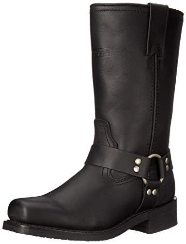 Ad Tec Woman's 12in Harness Straps Grain Leather Motorcycle Riding Boots, Black - Square Soft Toe with Neoprene Oil Resistant Sole and Heel