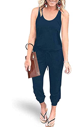 PRETTYGARDEN Women's Casual Tank Jumpsuits Sleeveless Drawstring Elastic Waist Loose Summer Romper (Dark Blue,Medium)