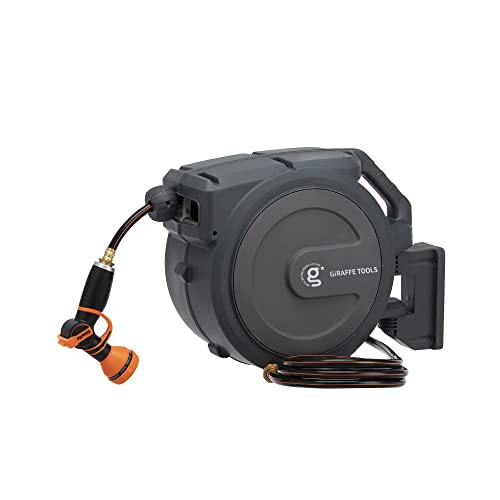 Giraffe Tools Hose Reel 1/2‘’ 78ft, Heavy Duty Retractable Garden Hose Reel with Any Length Lock, Slow Return System, Wall Mounted and 180 Deg Swivel Bracket