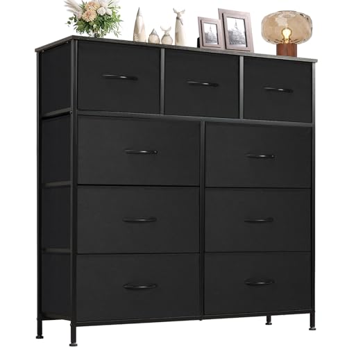 Sweetcrispy Dresser, Dresser for Bedroom, Storage Drawers, Tall Dresser Fabric Storage Tower with 9 Drawers, Chest of Drawers with Fabric Bins, Steel Frame, Wooden Top for Closet, Entryway, Nursery