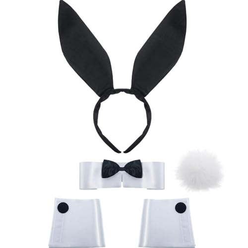 SATINIOR Women's Bunny Costume Set Rabbit Ear Headband Collar Bow Tie Cuffs Tail for Halloween Christmas Costume Cosplay Party (Black)