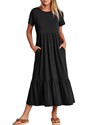 ANRABESS Women's Summer Casual Short Sleeve Crewneck Swing Dress Flowy Tiered Maxi Beach Dress Trendy Fashion 2024 Curise wear Party Outfits Black 727heise-XL