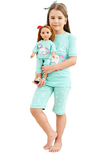 Babyroom Girls Matching Doll&toddler 4 Piece Cotton Pajamas Toddler Unicorn Sleepwear size 5 Blue