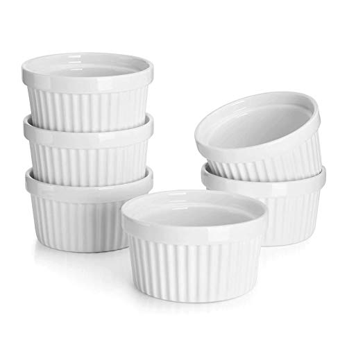 Sweese 8 oz Ramekins Set of 6, Creme Brulee Ramekins Oven Safe, Porcelain Ramiken Set, Souffle, Custard Cups for Baking and Ice Cream Bowl, White