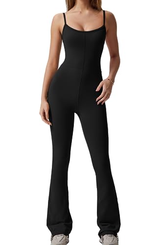 QINSEN Black Jumpsuit for Women Sleeveless Sexy Backless Stretch Flare Leggings Romper Unitard L