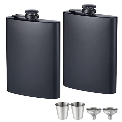 2 Pack Hip Flasks for Liquor Matte Black 8 Oz Stainless Steel Leak-proof Thin Flasks with 2pcs Funnels and Cups for Wedding Party, Groomsman, Bridesmaid, Gift
